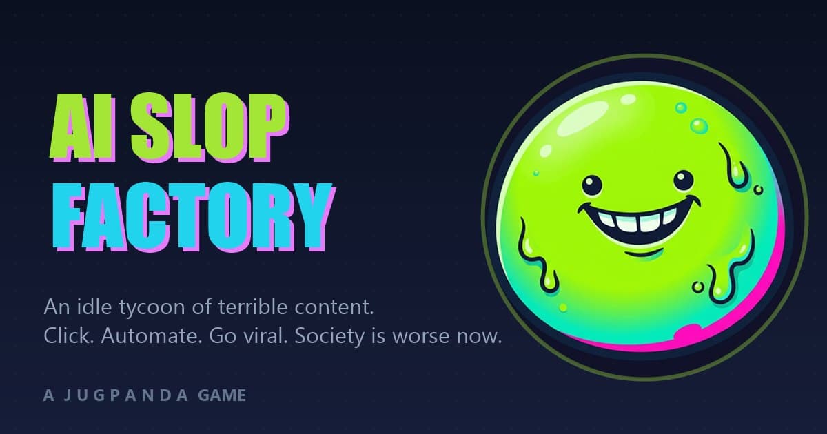 AI Slop Factory title card with neon slime mascot