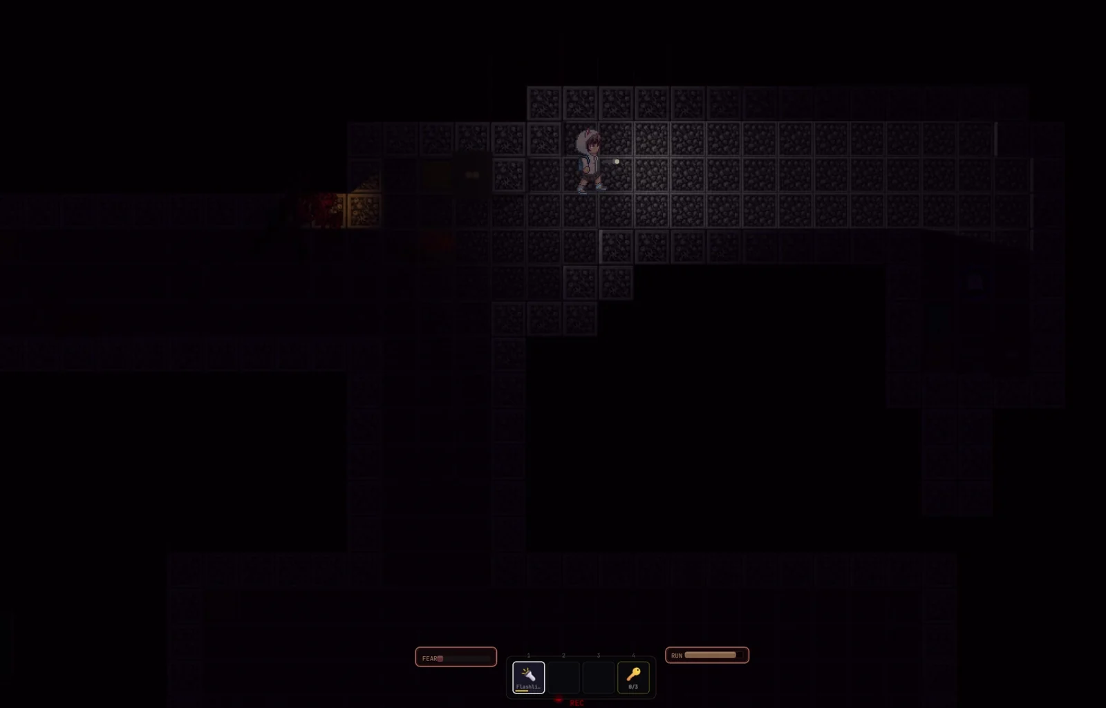 WHISPER player exploring a dark cathedral through a VHS overlay